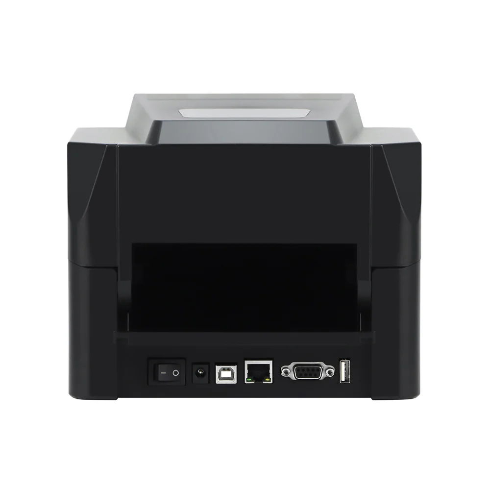 4inch thermal transfer printer rear interface ports showing USB Ethernet serial and USB host connectors