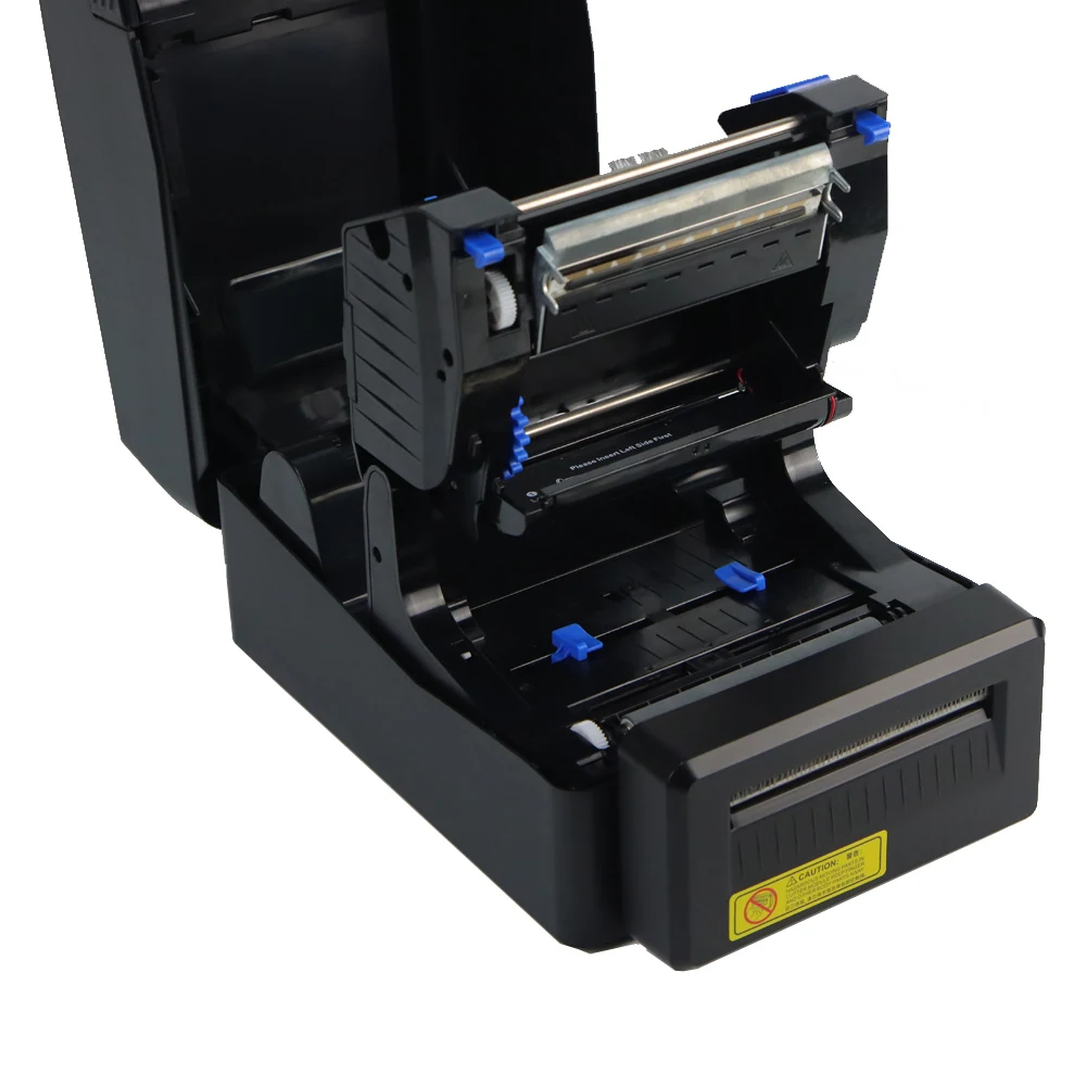 A200 thermal transfer barcode printer with top cover open showing ribbon and print path