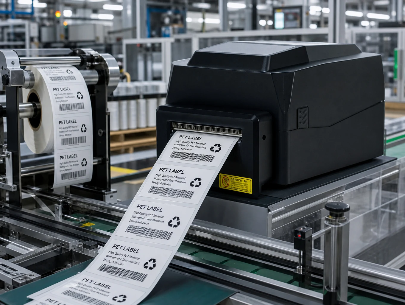 A600 resin sticker printer producing PET asset labels on a manufacturing production line