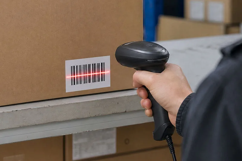 Handheld barcode scanner reading a 1D barcode label on a shipping carton