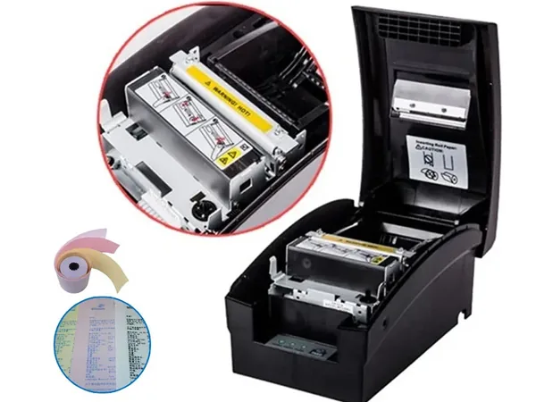 Impact receipt printer showing printhead mechanism and ribbon
