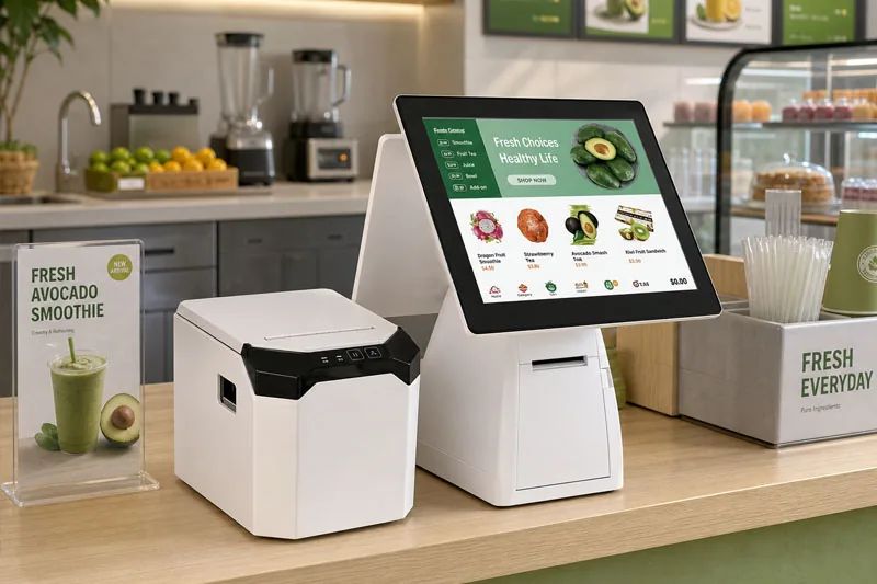 POS printer and touchscreen POS terminal on a restaurant checkout counter
