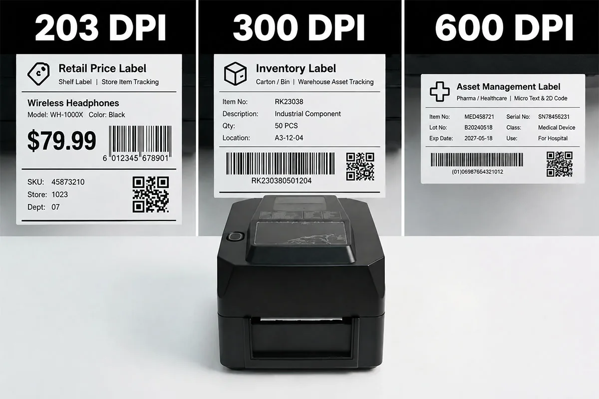 Three CRSMT RFID printers at 203, 300 and 600 DPI printing retail price labels, inventory labels and asset management labels