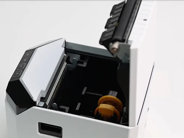 Thermal printer with open cover showing internal mechanism