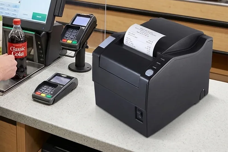 Thermal receipt printer in use at retail POS counter