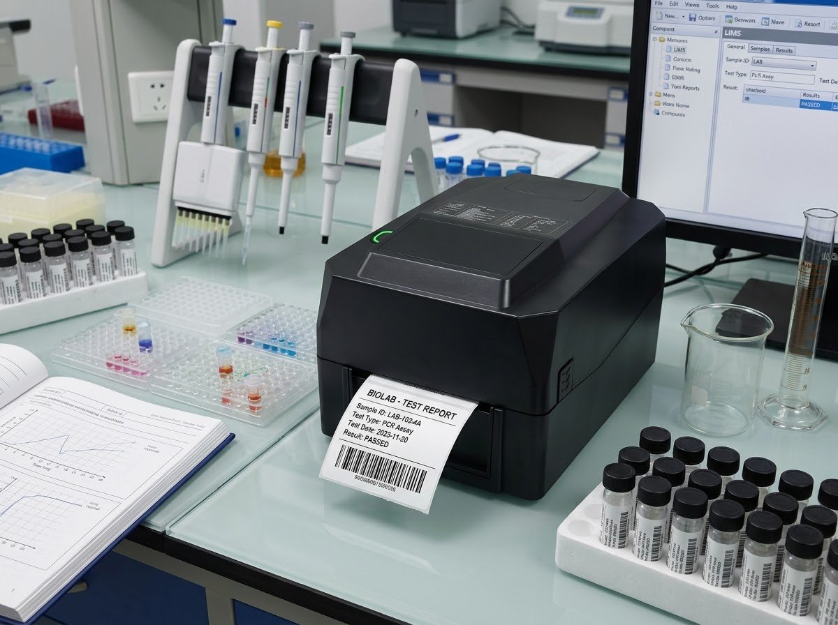 S300 thermal transfer printer printing BIOLAB TEST REPORT labels on a laboratory bench with test tubes and pipettes