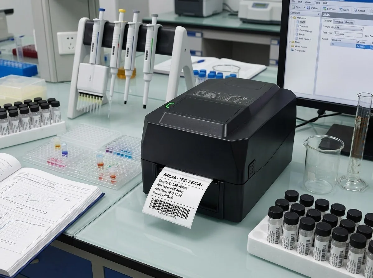 S300 thermal transfer printer printing BIOLAB TEST REPORT labels on a laboratory bench with test tubes and pipettes