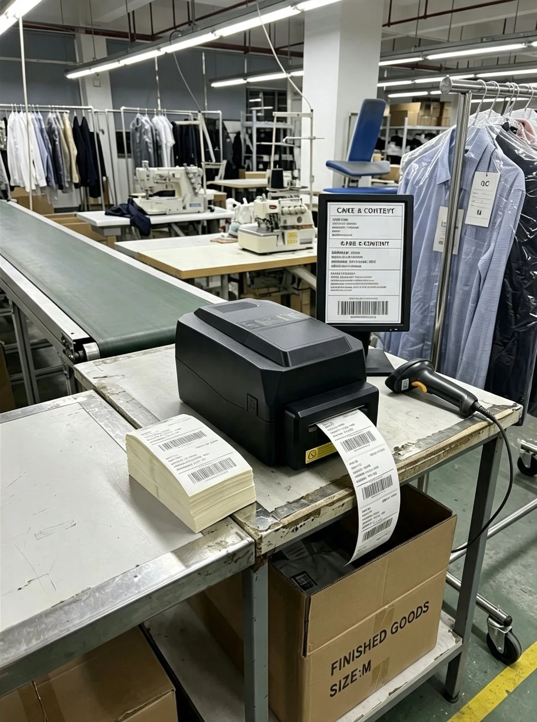 CRSMT label printer on garment production line with QC station and finished goods labeling