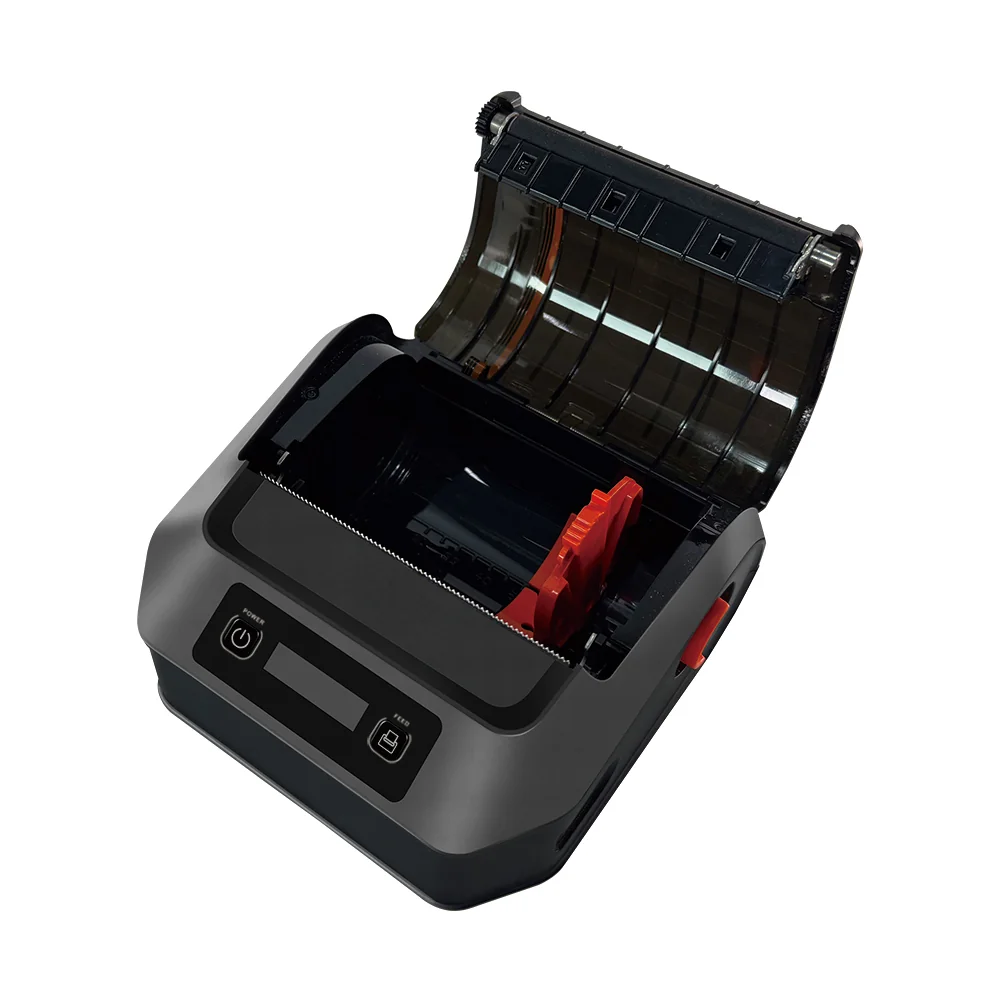 H803 Plus portable thermal printer with cover open showing 50mm paper roll compartment