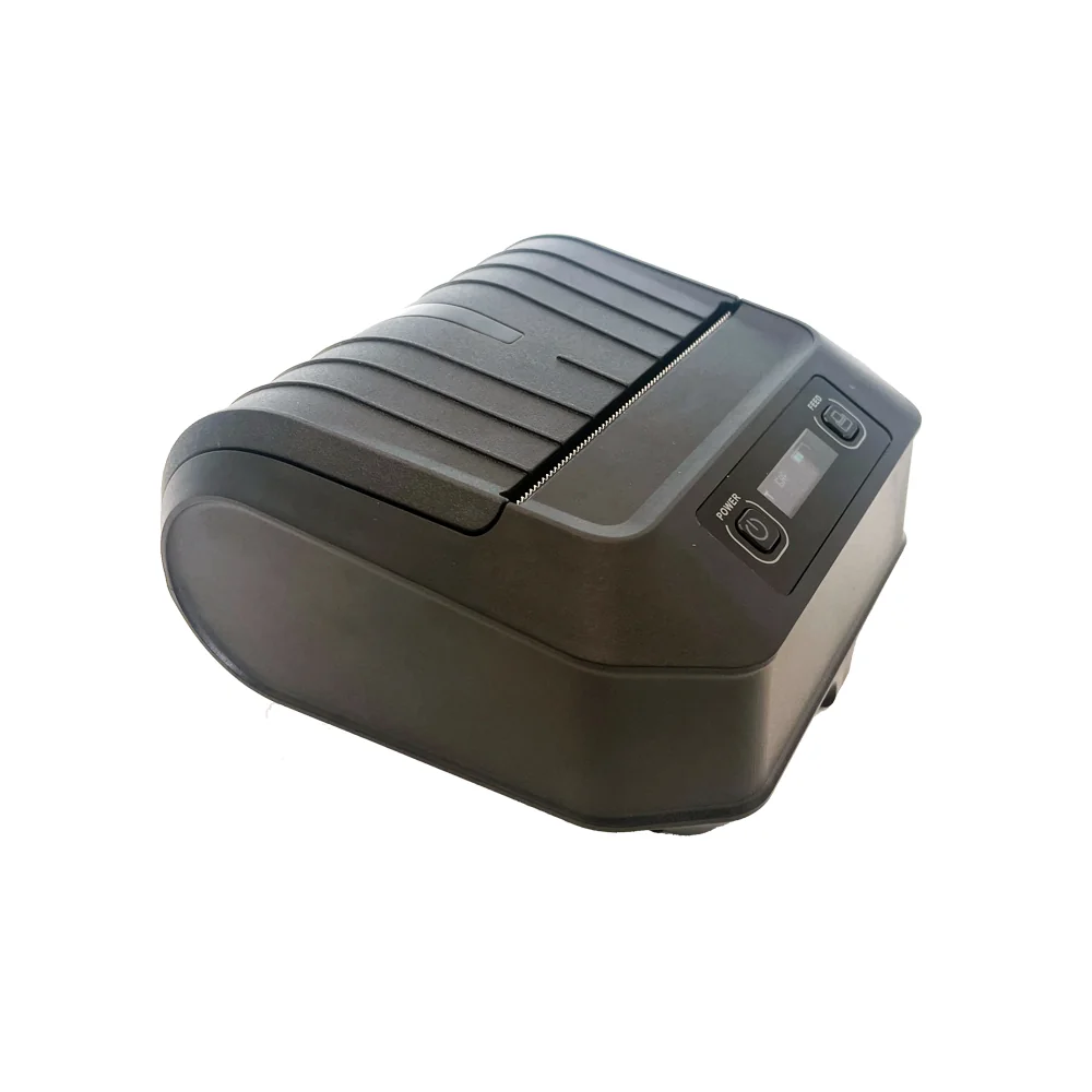 H803 Plus portable thermal printer side view showing Type-C charging port and belt clip