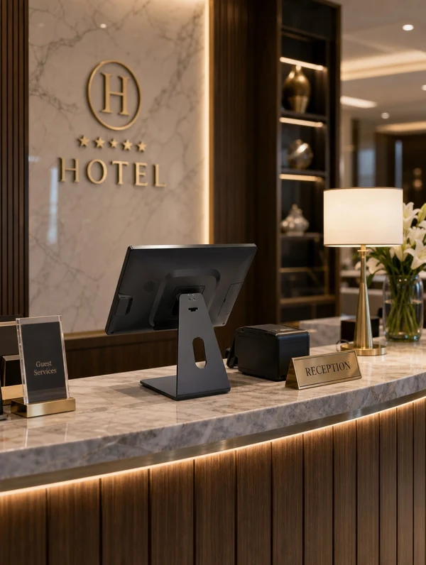 Hotel reception desk with CRSMT POS terminal and receipt printer