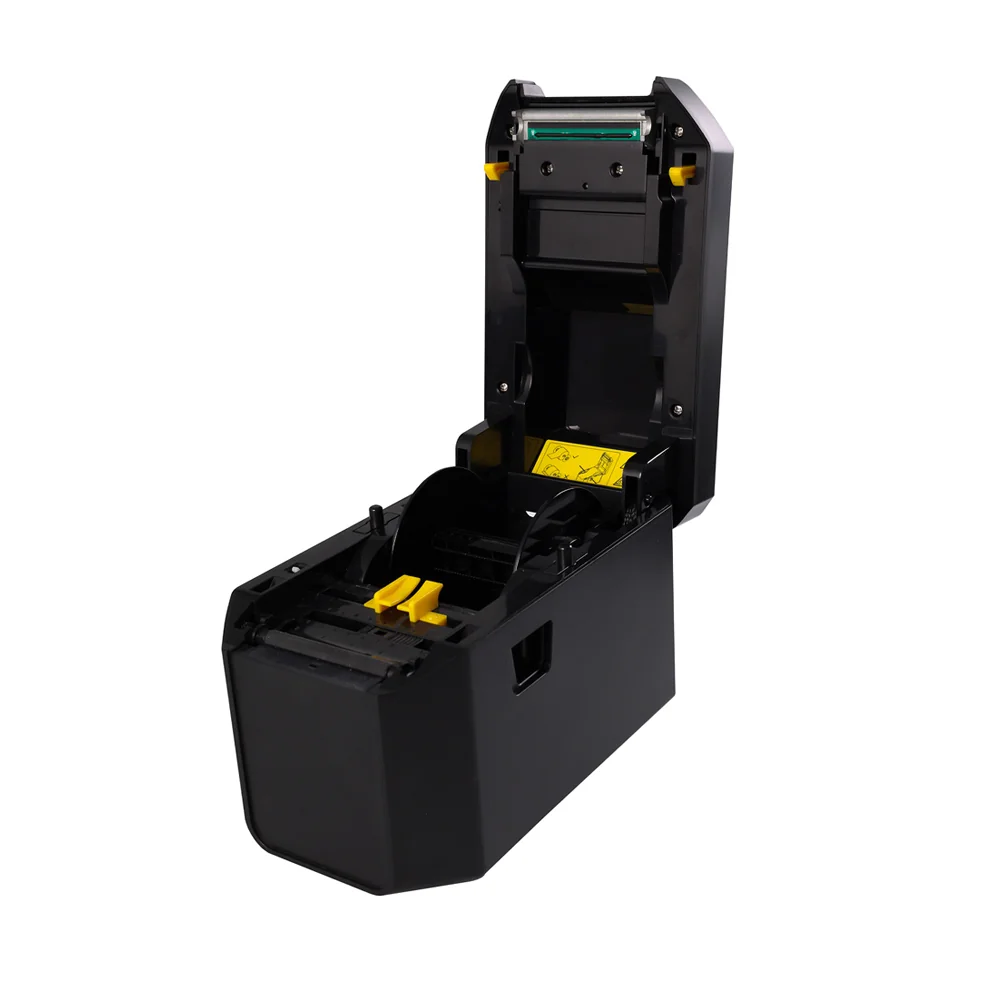 LabelPrint 200 desktop sticker printer cover open showing paper roll holder and thermal print head