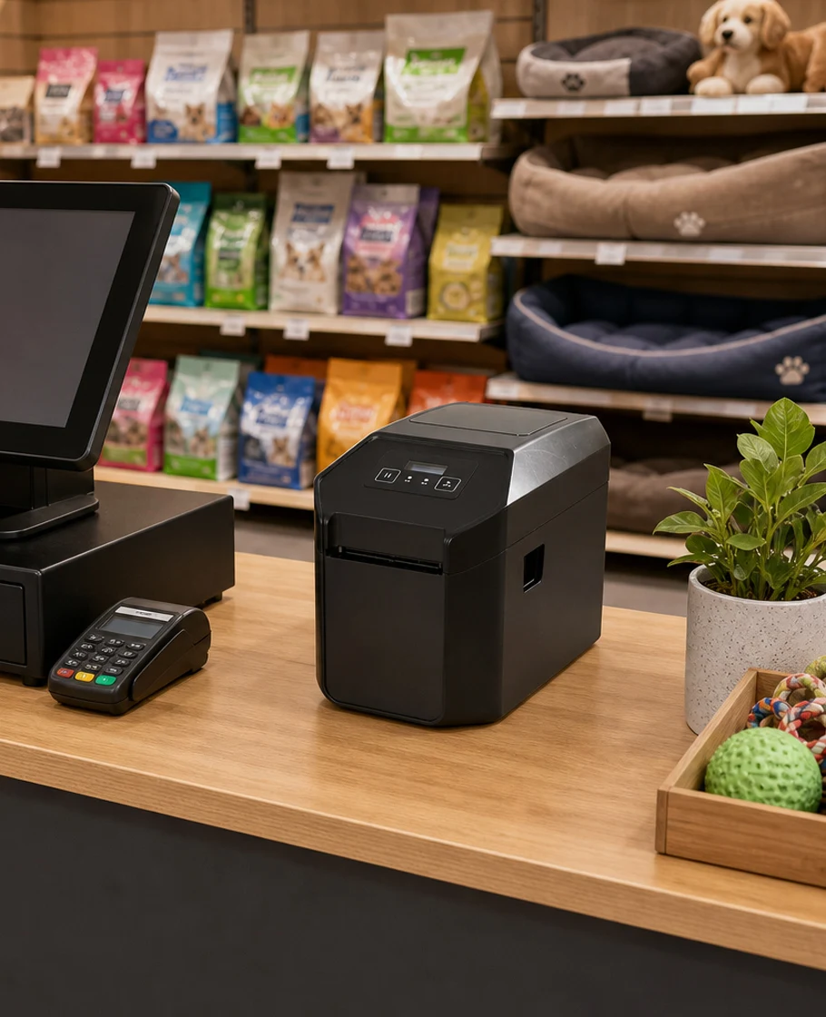 LabelPrint 200 desktop label printer for pet profile and rental tags at a pet specialty store counter
