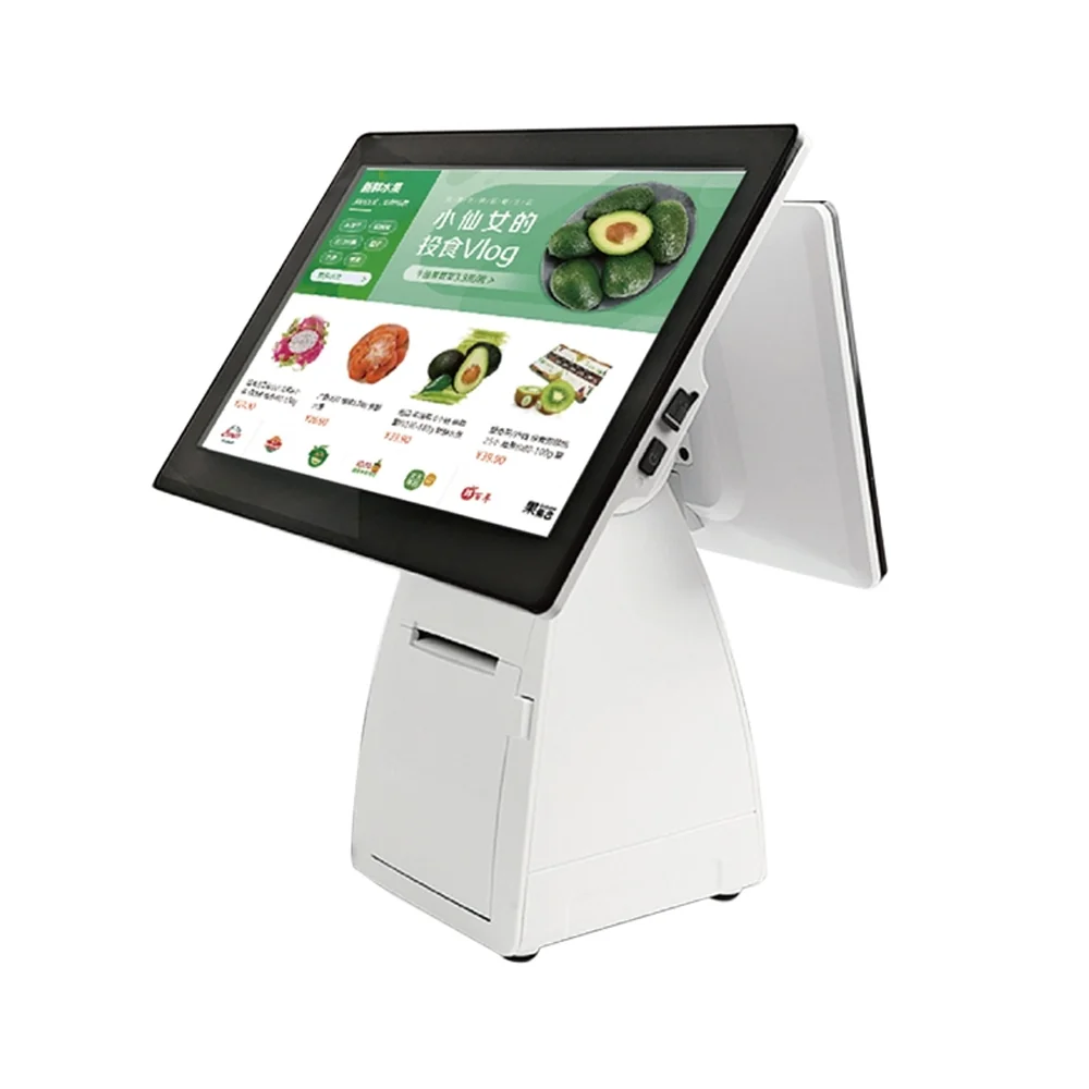M60 Android POS front view showing 15.6 inch touchscreen and customer-facing LCD