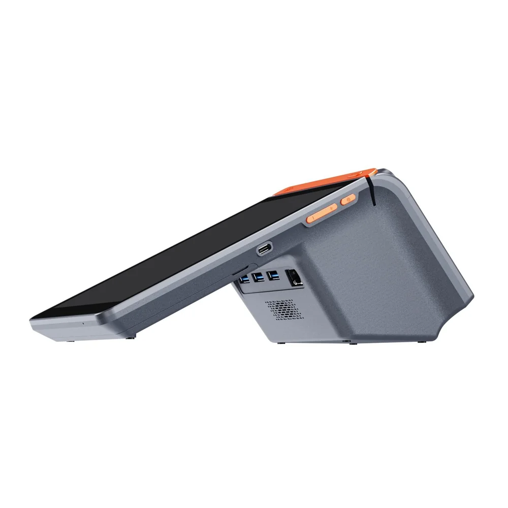M8 Android handheld POS terminal side view showing USB, RJ45 and cash drawer interfaces