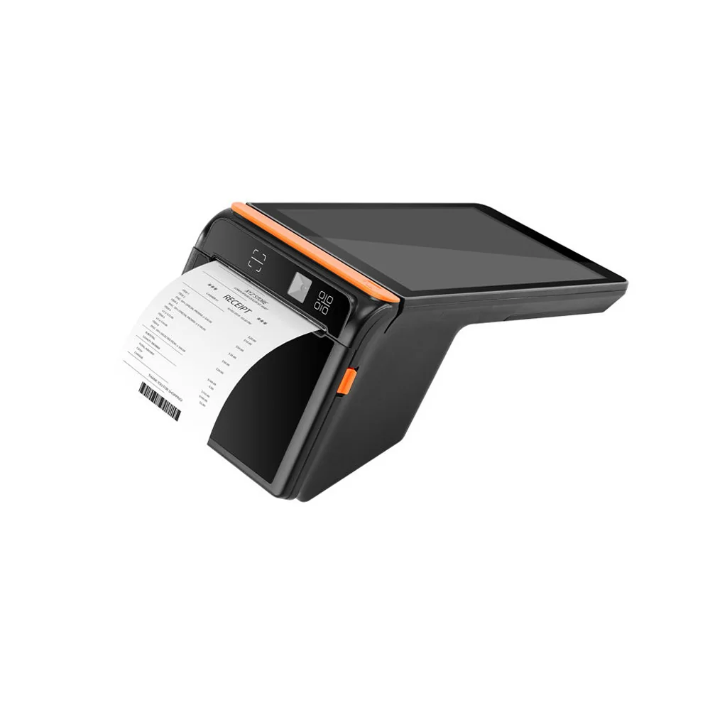 M8 Android handheld POS terminal with built-in 80mm thermal printer printing receipt