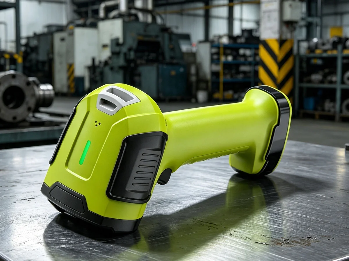 MJ-2025 industrial QR code AI scanner on manufacturing workbench in factory