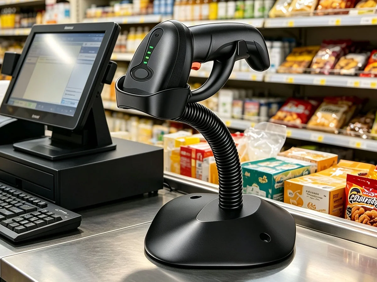 MJ-4591 barcode scanner at supermarket checkout counter next to POS terminal