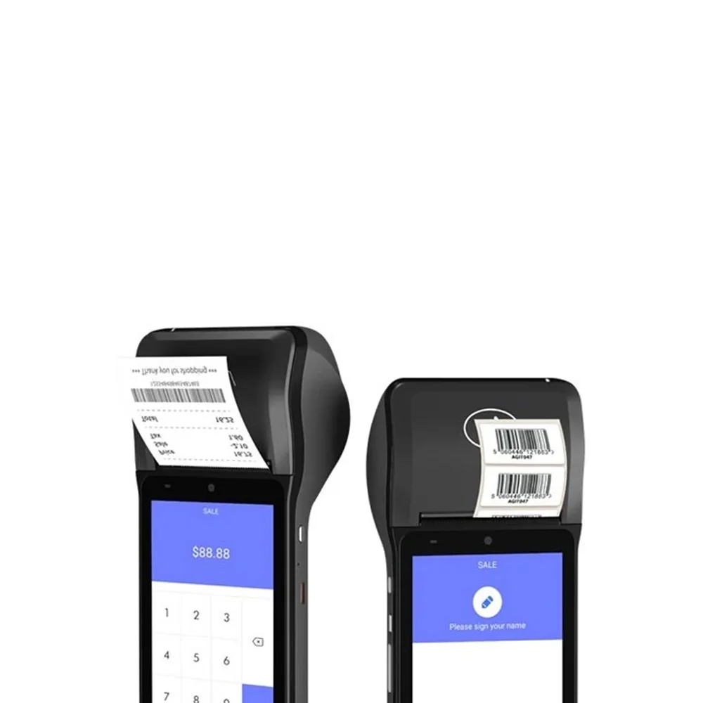 Q7 Android handheld POS terminal printing both receipt and label with built-in thermal printer