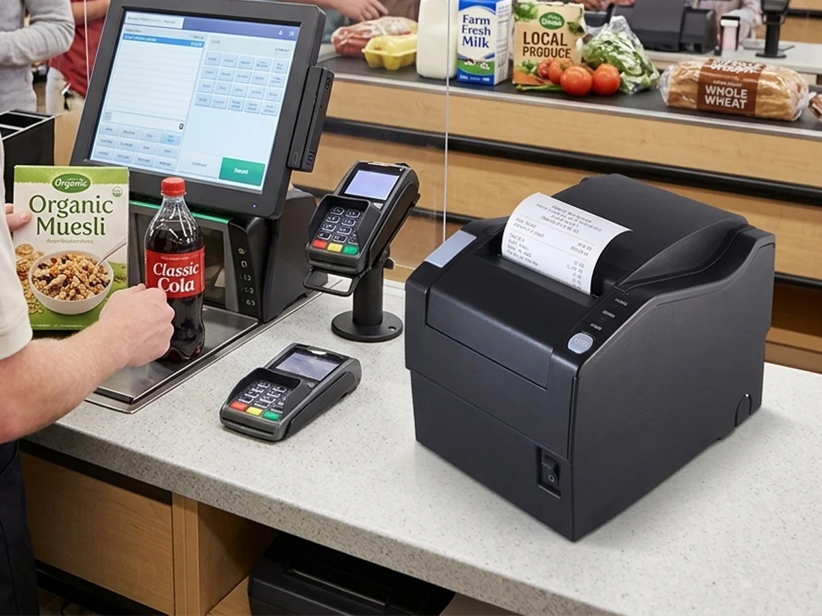 S-U804 80mm receipt thermal printer used at a supermarket checkout counter