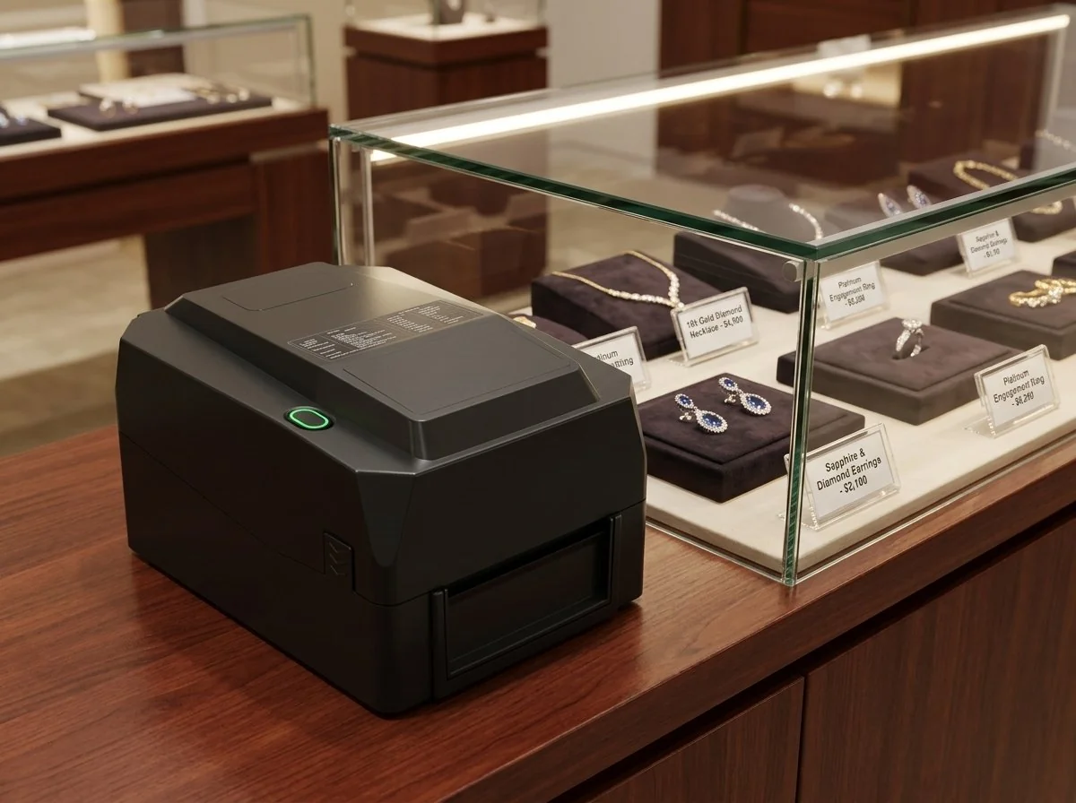 S600 600DPI 4inch thermal transfer printer printing fine jewelry tags and gemstone price stickers in a retail jewelry shop