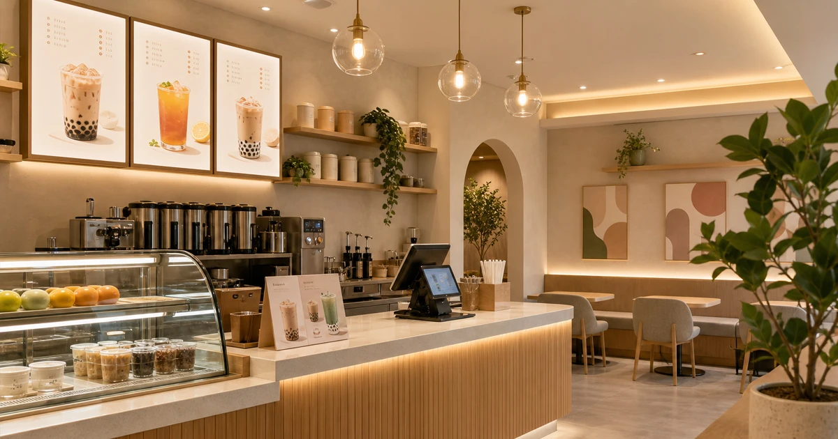 Bubble tea store equipped with CRSMT M60 Android billing machine with printer, LabelPrint200 bubble tea sticker printer and D30 Android barcode printer