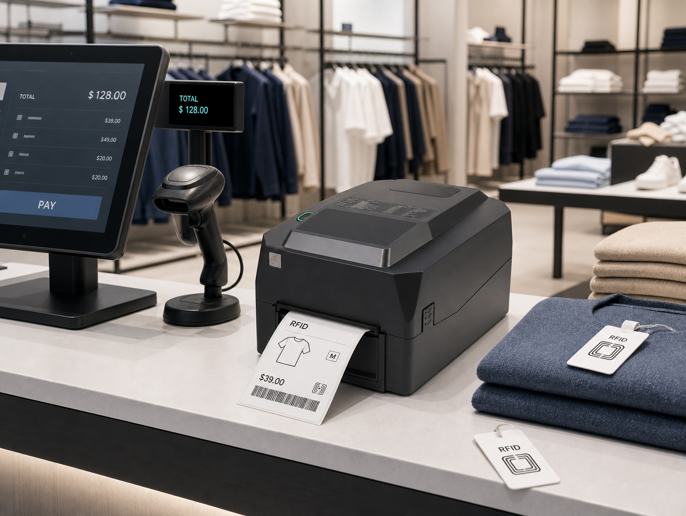 SU200 RFID label printer at a retail store checkout counter with POS terminal, barcode scanner, and apparel hang tags