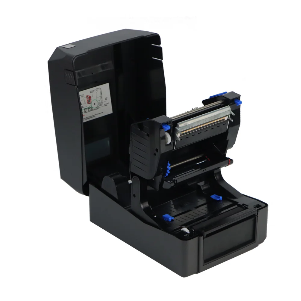 SU300 UHF RFID printer with top cover open showing ribbon and label roll compartment