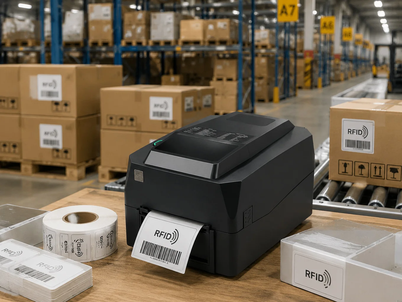 SU300 UHF RFID printer deployed in a smart warehouse for inventory tagging and asset tracking