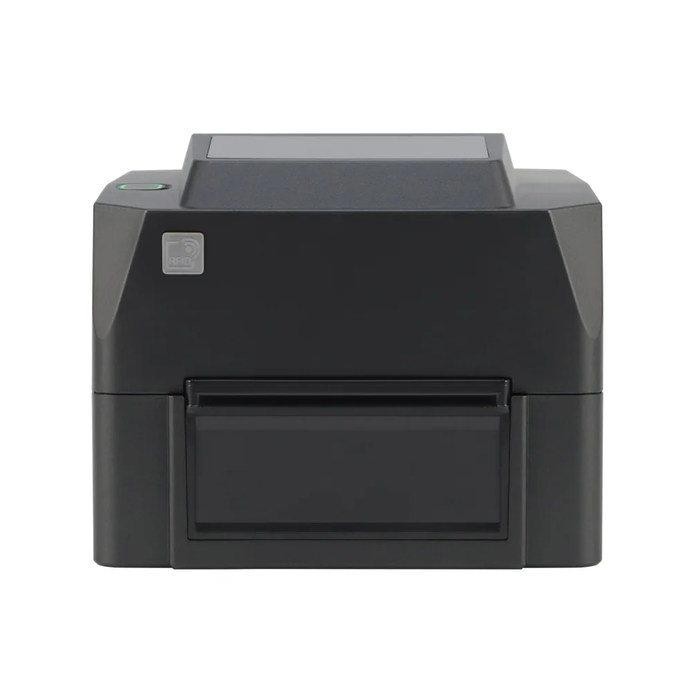 SU300 UHF RFID printer front view showing compact desktop design with label output slot