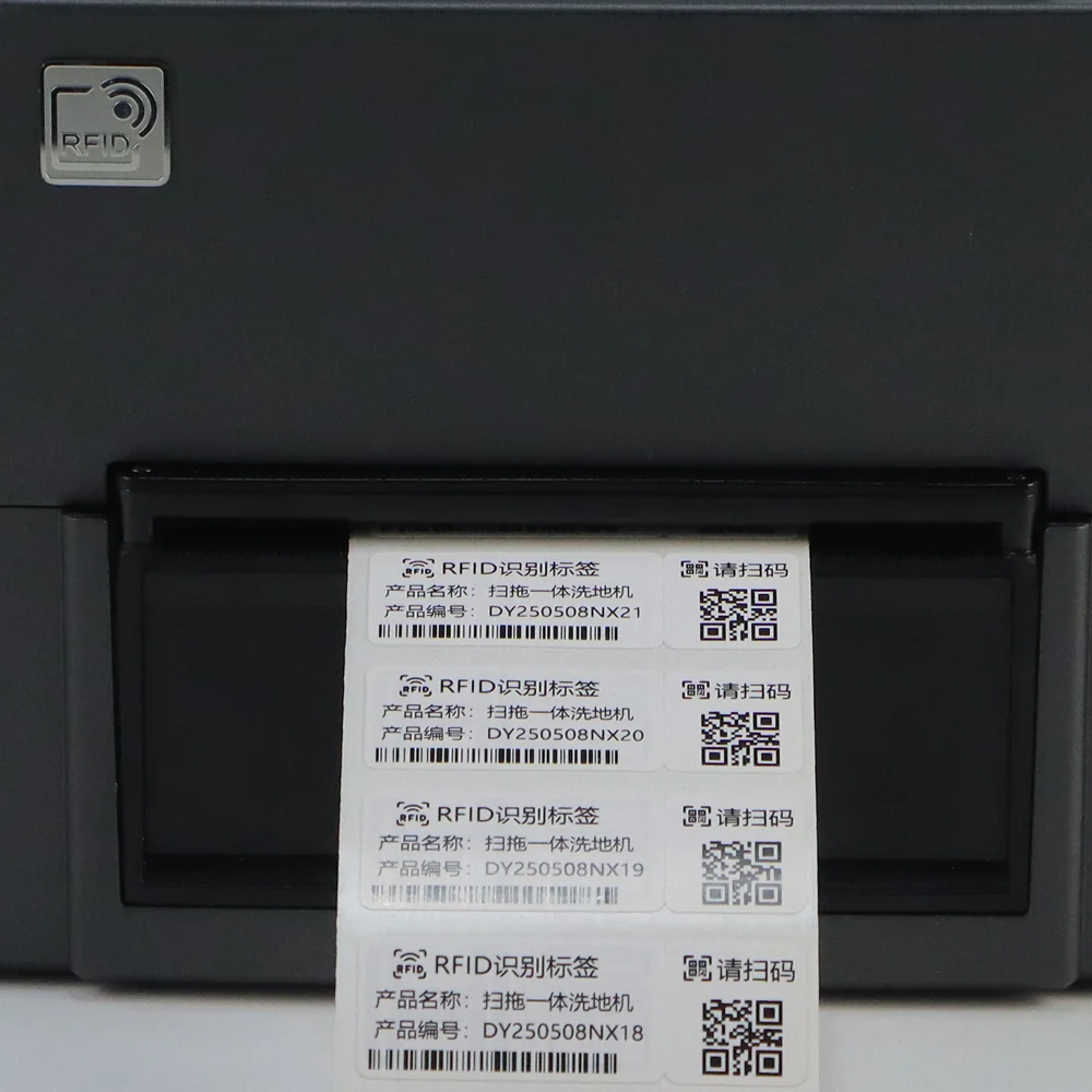 SU300 UHF RFID printer printing encoded RFID labels with barcode and text