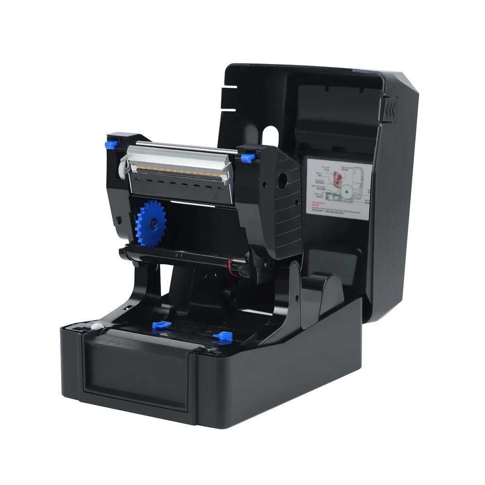 SU600 RFID tag printer with top cover open showing ribbon and label roll compartment