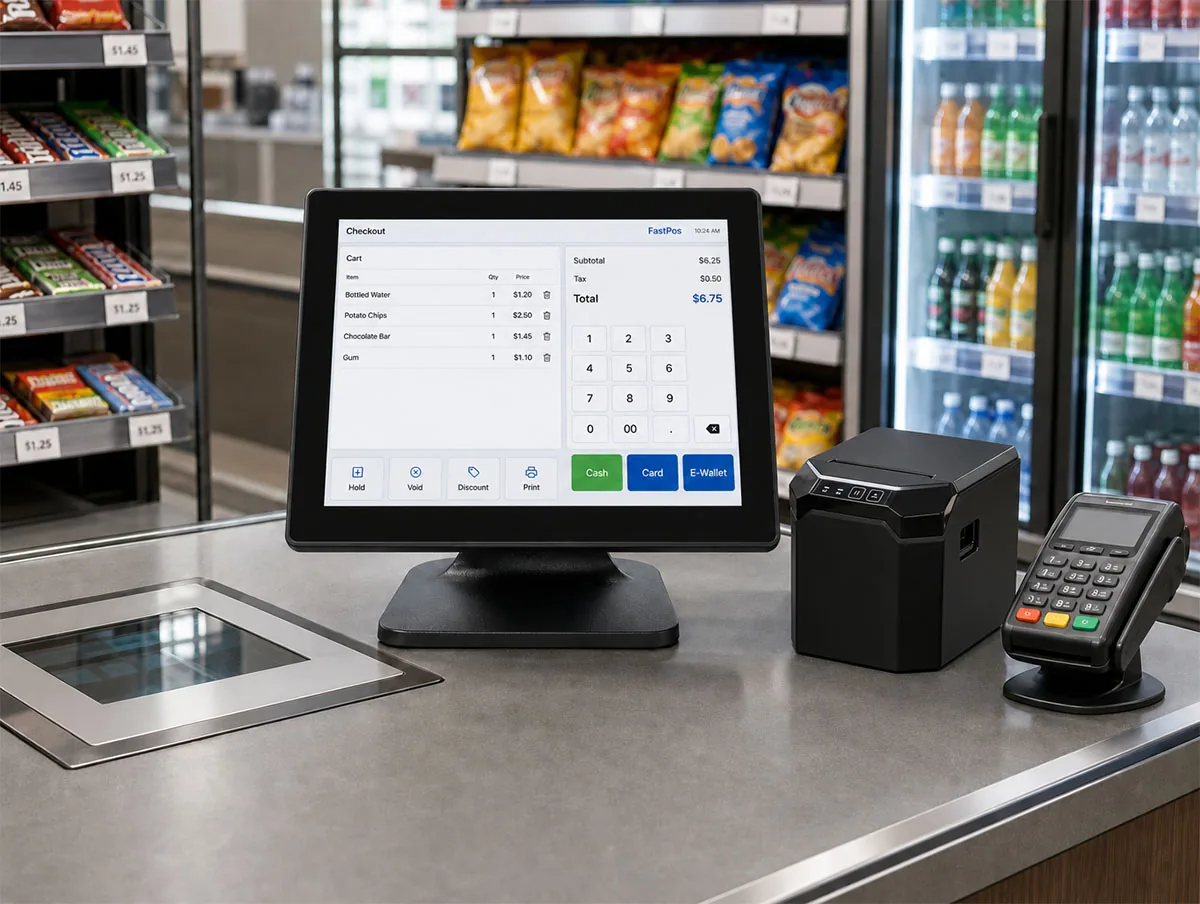 T15 windows based POS hardware applied at a grocery store checkout counter