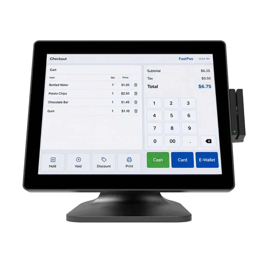 T15 retail pos hardware with optional 3-track MSR mounted on the side of the screen