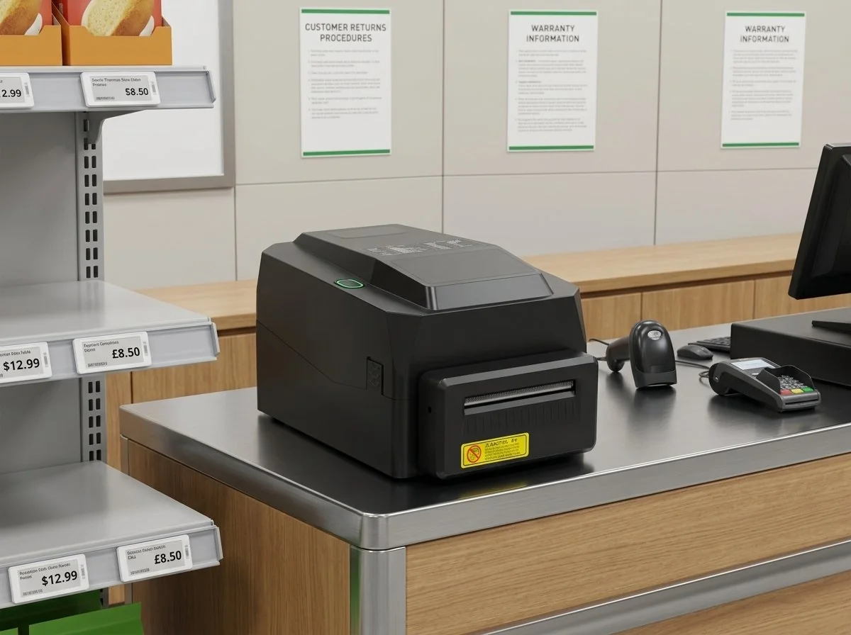 Retail cashier counter using the 4inch thermal transfer barcode printer to print price tags and barcode labels