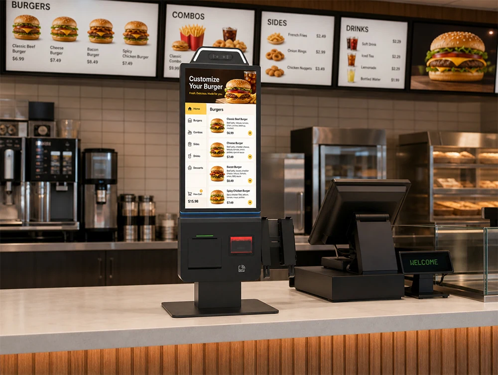 Z215 desktop self-service ordering kiosk deployed at fast food restaurant counter