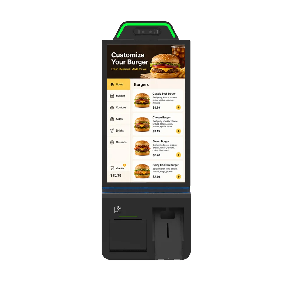 Z215 kiosk front view showing 21.5 inch capacitive touch screen and NFC reader