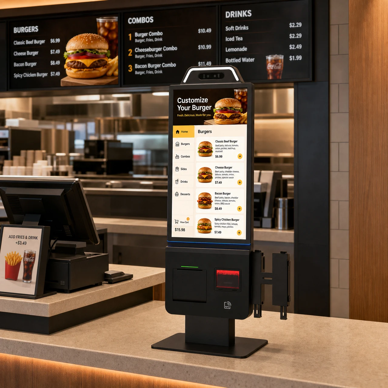 Z215 kiosk in hamburger restaurant showing responsive ordering interface