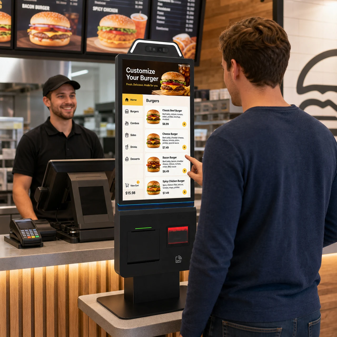 Z215 self-service kiosk for ordering in fast food restaurant